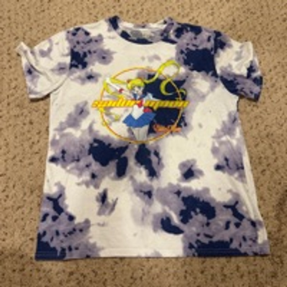 Women's Sailor Moon T-shirt XL White Blue Tie Dye Graphic Tee